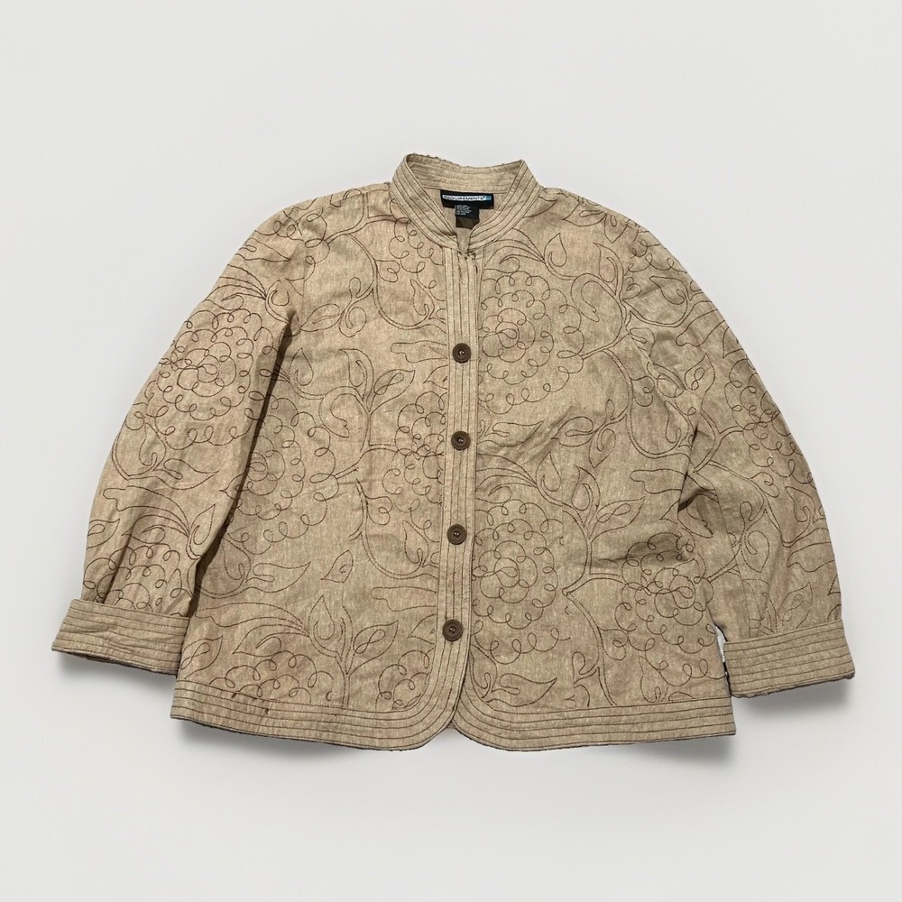 Requirements Womens Beige Mandarin Collar Chain Stitch Linen Button Jacket 16